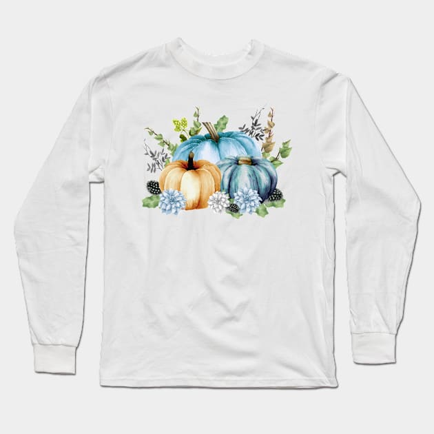 Blue Watercolor Pumpkin Long Sleeve T-Shirt by ColorFlowCreations